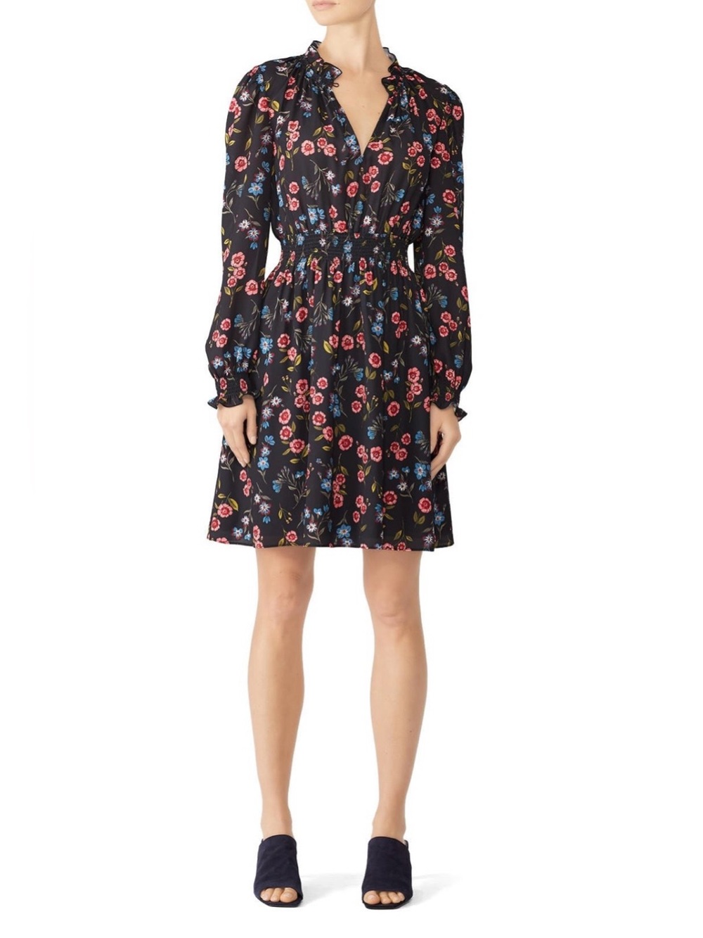 kate spade~Black Floral Meadow Smock Waist Mini Dress~Size Small~$348~